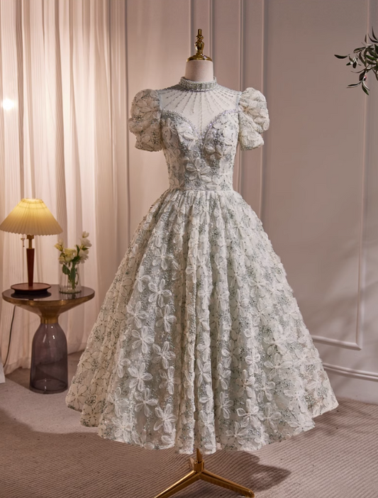 Light green A-line v-neck tulle sequins beaded short prom dress, light green homecoming dress ED1071