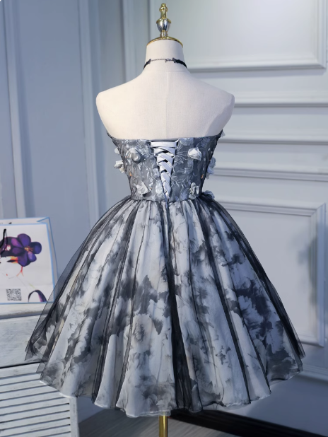 Black A-line sweetheart neck tulle short prom dress, black homecoming dress birthday dress ED1073