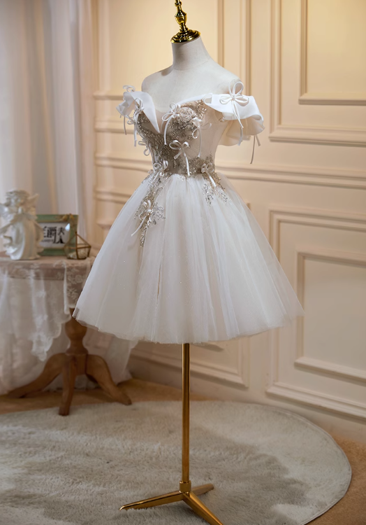 Off-white A-line off-the-shoulder tulle sequin short prom dress, off-white homecoming dress birthday dress ED1074