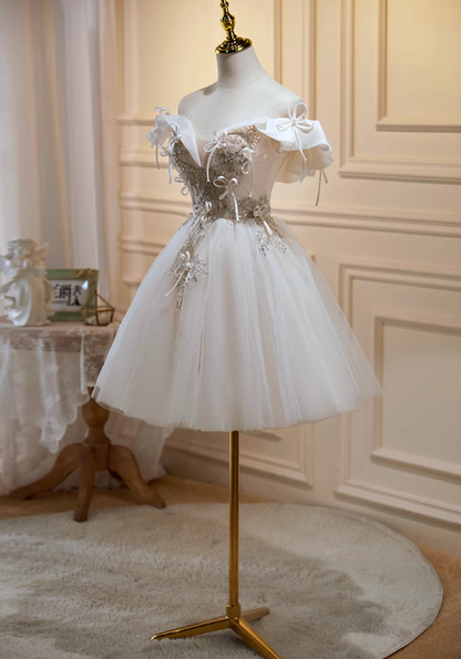 Off-white A-line off-the-shoulder tulle sequin short prom dress, off-white homecoming dress birthday dress ED1074