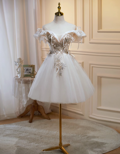 Off-white A-line off-the-shoulder tulle sequin short prom dress, off-white homecoming dress birthday dress ED1074