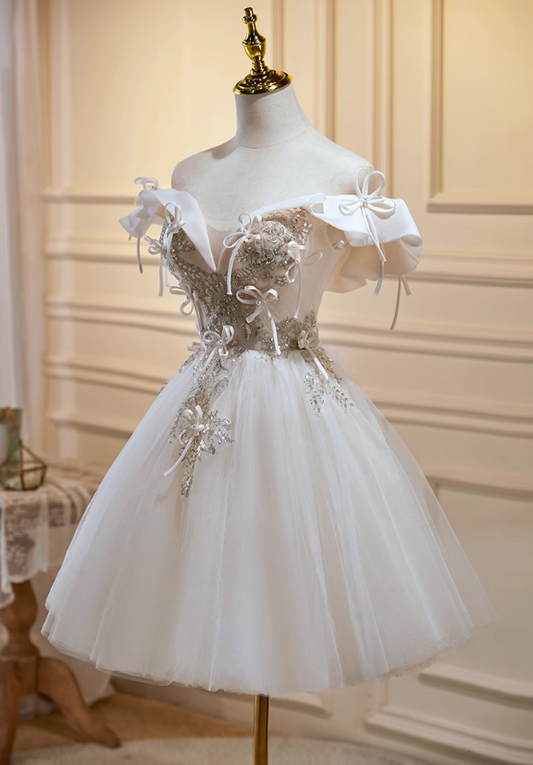 Cremefarbenes A-Linien-Ballkleid mit schulterfreiem Tüll und Pailletten, kurzes Ballkleid, cremefarbenes Homecoming-Kleid, Geburtstagskleid ED1074