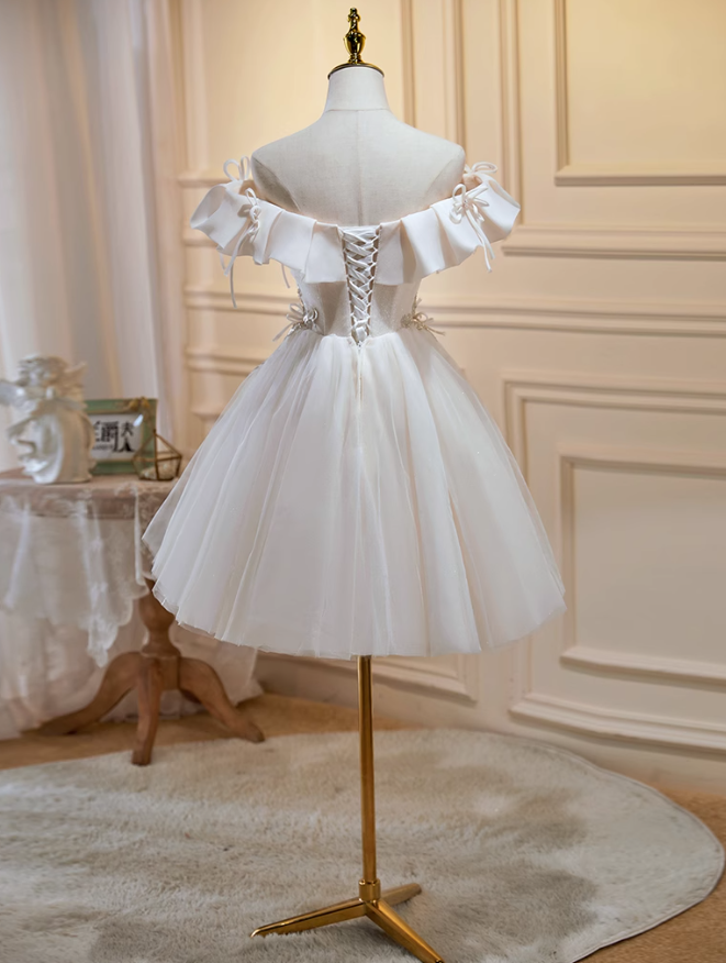 Off-white A-line off-the-shoulder tulle sequin short prom dress, off-white homecoming dress birthday dress ED1074