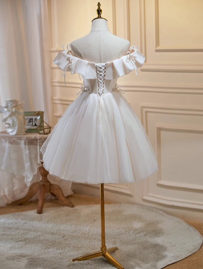 Off-white A-line off-the-shoulder tulle sequin short prom dress, off-white homecoming dress birthday dress ED1074