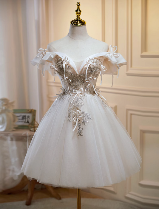 Cremefarbenes A-Linien-Ballkleid mit schulterfreiem Tüll und Pailletten, kurzes Ballkleid, cremefarbenes Homecoming-Kleid, Geburtstagskleid ED1074