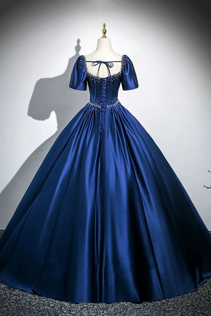 Blaues langes A-Linien-Ballkleid aus Satin mit Perlen, elegantes kurzärmeliges Abend- und Partykleid ED01094