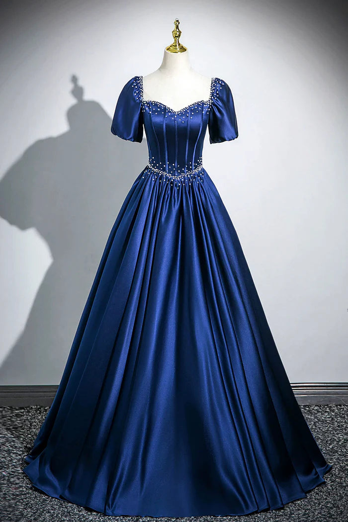 Blaues langes A-Linien-Ballkleid aus Satin mit Perlen, elegantes kurzärmeliges Abend- und Partykleid ED01094