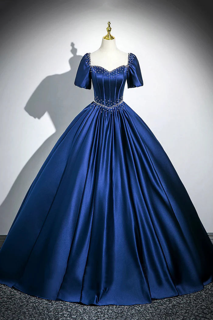 Blaues langes A-Linien-Ballkleid aus Satin mit Perlen, elegantes kurzärmeliges Abend- und Partykleid ED01094