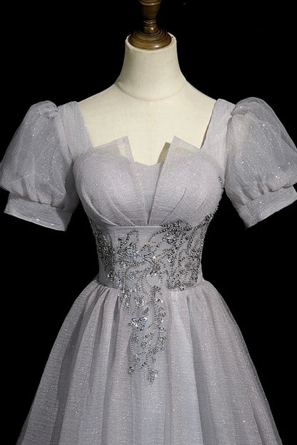 Robe de bal longue grise en tulle perlé, coupe trapèze, manches courtes, tenue de soirée ED01096