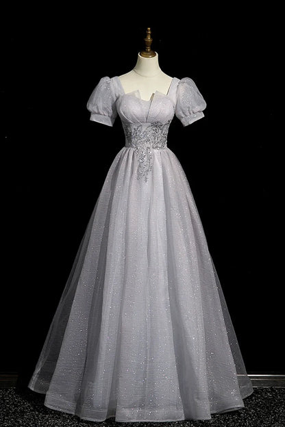 Robe de bal longue grise en tulle perlé, coupe trapèze, manches courtes, tenue de soirée ED01096
