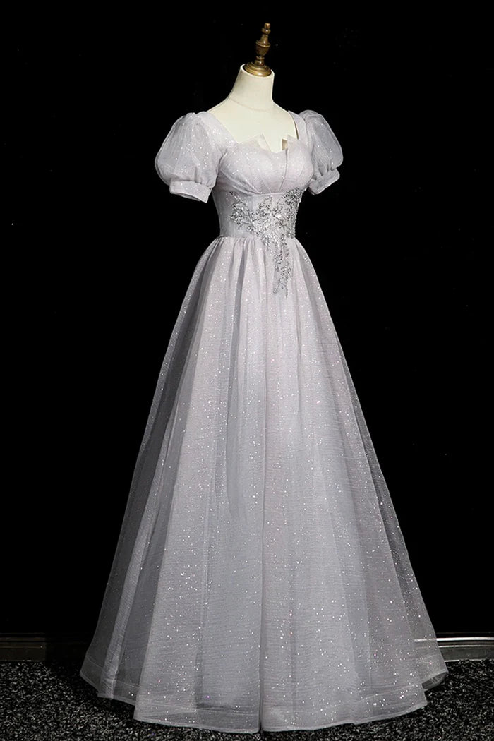 Robe de bal longue grise en tulle perlé, coupe trapèze, manches courtes, tenue de soirée ED01096