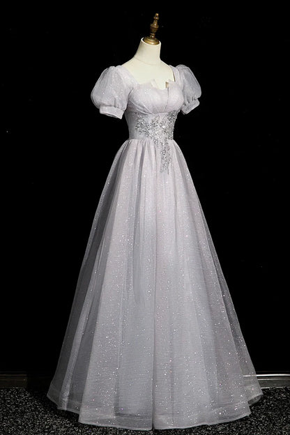 Robe de bal longue grise en tulle perlé, coupe trapèze, manches courtes, tenue de soirée ED01096