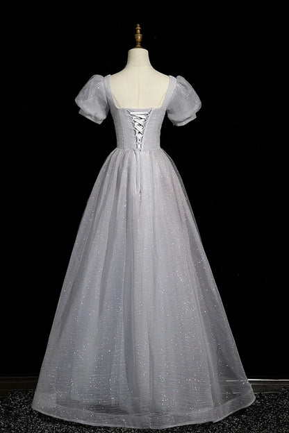 Robe de bal longue grise en tulle perlé, coupe trapèze, manches courtes, tenue de soirée ED01096