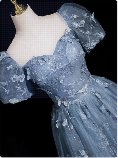 A-Line Puff Sleeves Tulle Gray Blue 3D 3D Butterfly Lace up Long Prom Dress