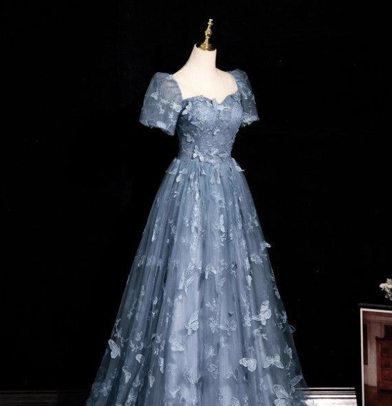 A-Line Puff Sleeves Tulle Gray Blue 3D 3D Butterfly Lace up Long Prom Dress