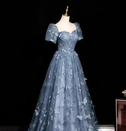 A-Line Puff Sleeves Tulle Gray Blue 3D 3D Butterfly Lace up Long Prom Dress
