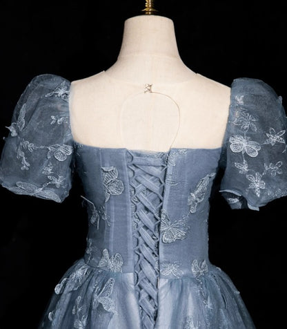 A-Line Puff Sleeves Tulle Gray Blue 3D 3D Butterfly Lace up Long Prom Dress