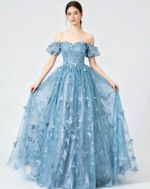 Formal Evening Dress under $170||Fairytale🩵 A-Line Puff Sleeves Tulle Lace Gray BlueSweet Long Prom Dress for Birthday  ED01098