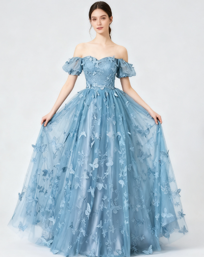 Formal Evening Dress under $170||Fairytale🩵 A-Line Puff Sleeves Tulle Lace Gray BlueSweet Long Prom Dress for Birthday  ED01098