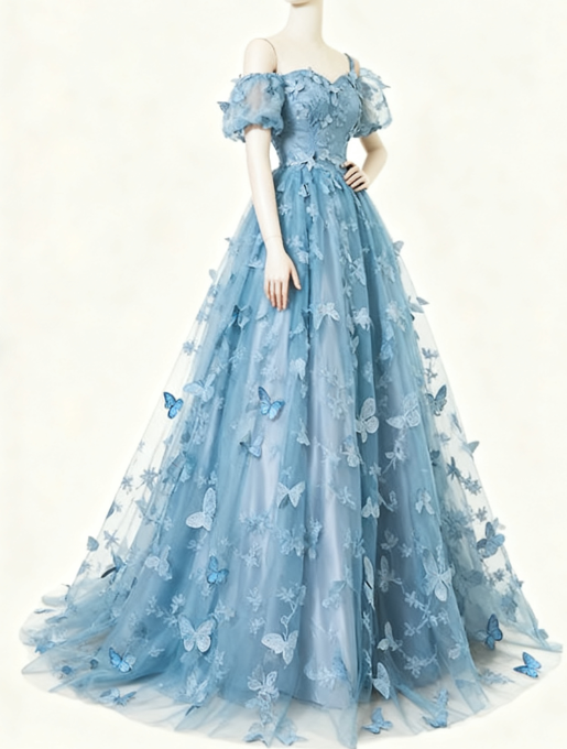 Formal Evening Dress under $170||Fairytale🩵 A-Line Puff Sleeves Tulle Lace Gray BlueSweet Long Prom Dress for Birthday  ED01098