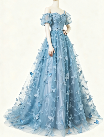 Formal Evening Dress under $170||Fairytale🩵 A-Line Puff Sleeves Tulle Lace Gray BlueSweet Long Prom Dress for Birthday  ED01098
