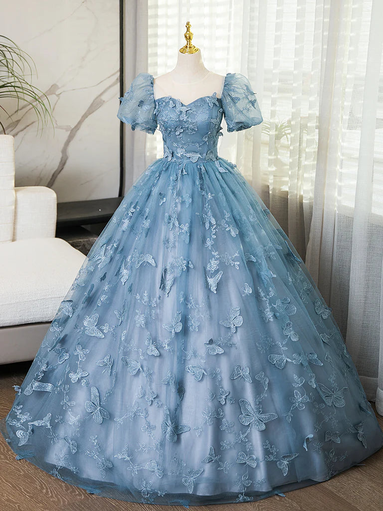 A-Line Puff Sleeves Tulle Gray Blue 3D 3D Butterfly Lace up Long Prom Dress