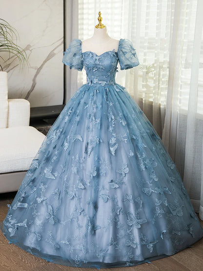 A-Line Puff Sleeves Tulle Gray Blue 3D 3D Butterfly Lace up Long Prom Dress
