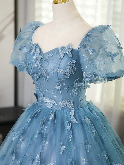 A-Line Puff Sleeves Tulle Gray Blue 3D 3D Butterfly Lace up Long Prom Dress