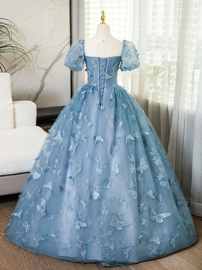 A-Line Puff Sleeves Tulle Gray Blue 3D 3D Butterfly Lace up Long Prom Dress