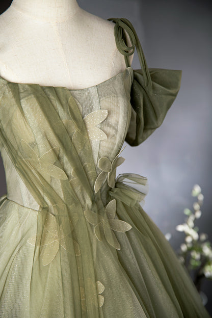 Grünes A-Linien-Tüll-Langballkleid, grünes Brautjungfernkleid ED01099