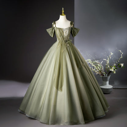 Grünes A-Linien-Tüll-Langballkleid, grünes Brautjungfernkleid ED01099