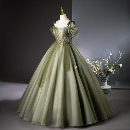 Grünes A-Linien-Tüll-Langballkleid, grünes Brautjungfernkleid ED01099