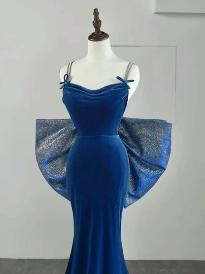 Robe de bal longue sirène en velours bleu, robe de soirée longue sirène ED011