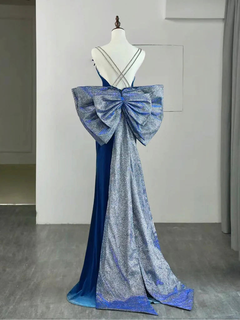 Robe de bal longue sirène en velours bleu, robe de soirée longue sirène ED011