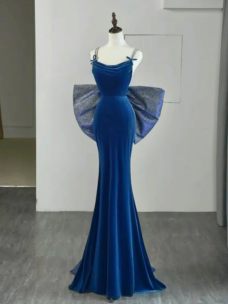 Robe de bal longue sirène en velours bleu, robe de soirée longue sirène ED011