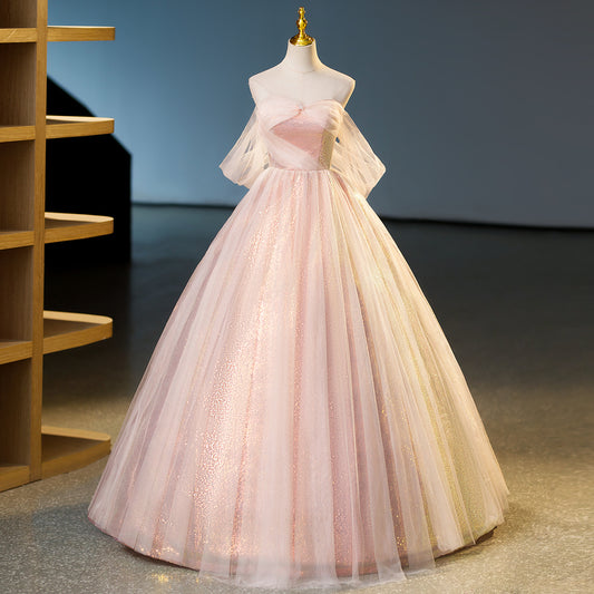 A-line pink sweetheart neckline tulle sequin long prom dress, pink evening dress ED01103