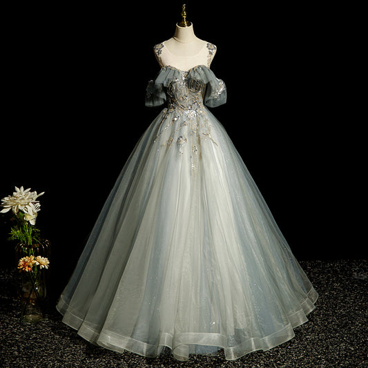 Grünes A-Linien-Tüll-Pailletten-Langballkleid, grünes Abendkleid ED01104