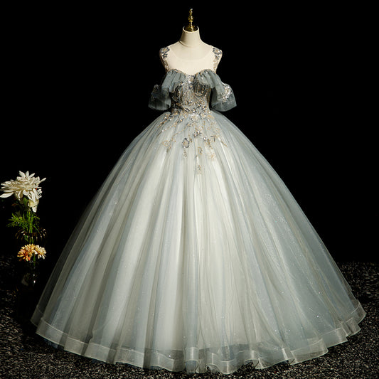 Grünes A-Linien-Tüll-Pailletten-Langballkleid, grünes Abendkleid ED01104