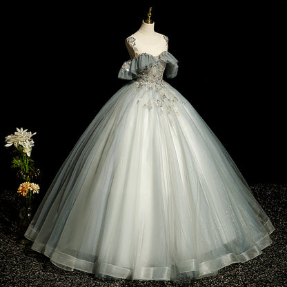 Green A-line tulle sequined long ball dress, green evening dress ED01104