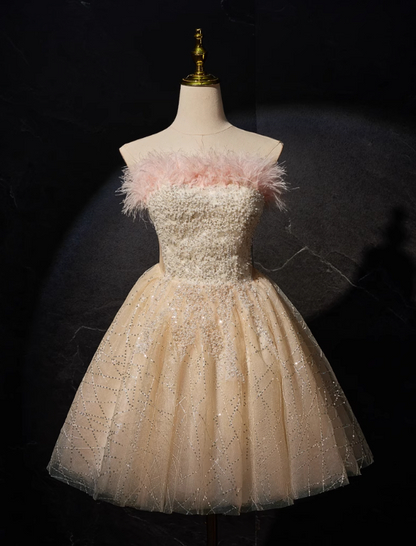 Robe de bal courte en tulle à paillettes, coupe trapèze, couleur champagne, robe Sweet 16, ED01105
