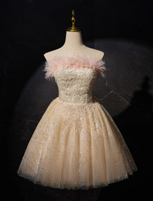 Robe de bal courte en tulle à paillettes, coupe trapèze, couleur champagne, robe Sweet 16, ED01105