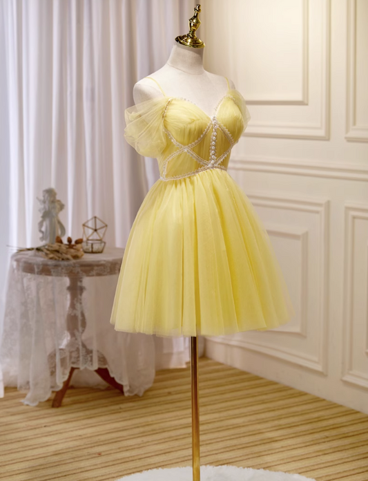 Gelbes A-Linien-Kurzballkleid aus Tüllspitze, gelbes Homecoming-Kleid ED01106