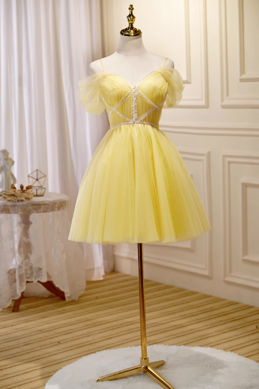Gelbes A-Linien-Kurzballkleid aus Tüllspitze, gelbes Homecoming-Kleid ED01106