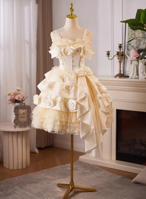 Champagner A-Linie Satin Tüll Spitze kurzes Ballkleid, Champagner Geburtstagskleid ED01107