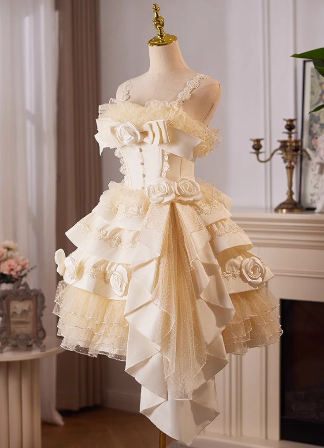 Champagner A-Linie Satin Tüll Spitze kurzes Ballkleid, Champagner Geburtstagskleid ED01107