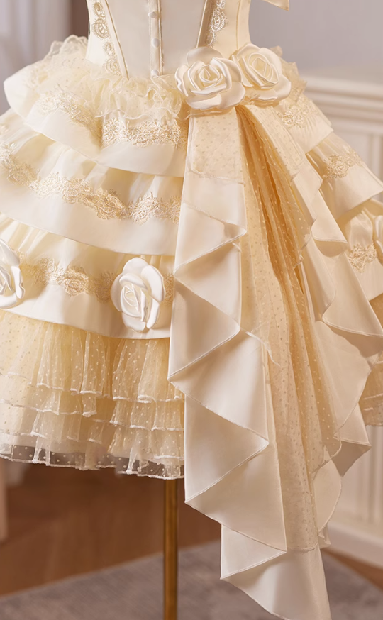 Champagner A-Linie Satin Tüll Spitze kurzes Ballkleid, Champagner Geburtstagskleid ED01107