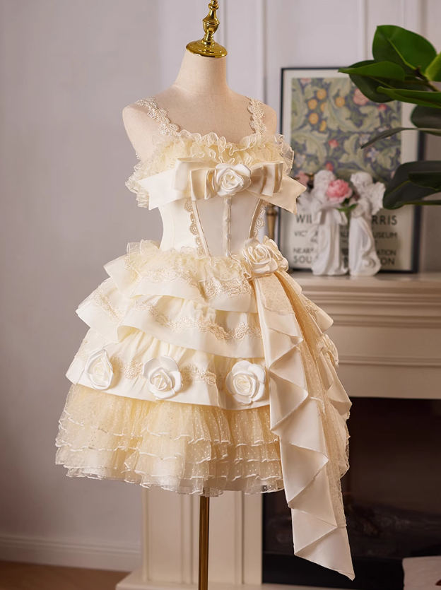 Champagner A-Linie Satin Tüll Spitze kurzes Ballkleid, Champagner Geburtstagskleid ED01107