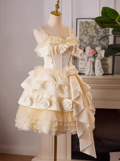 Champagner A-Linie Satin Tüll Spitze kurzes Ballkleid, Champagner Geburtstagskleid ED01107