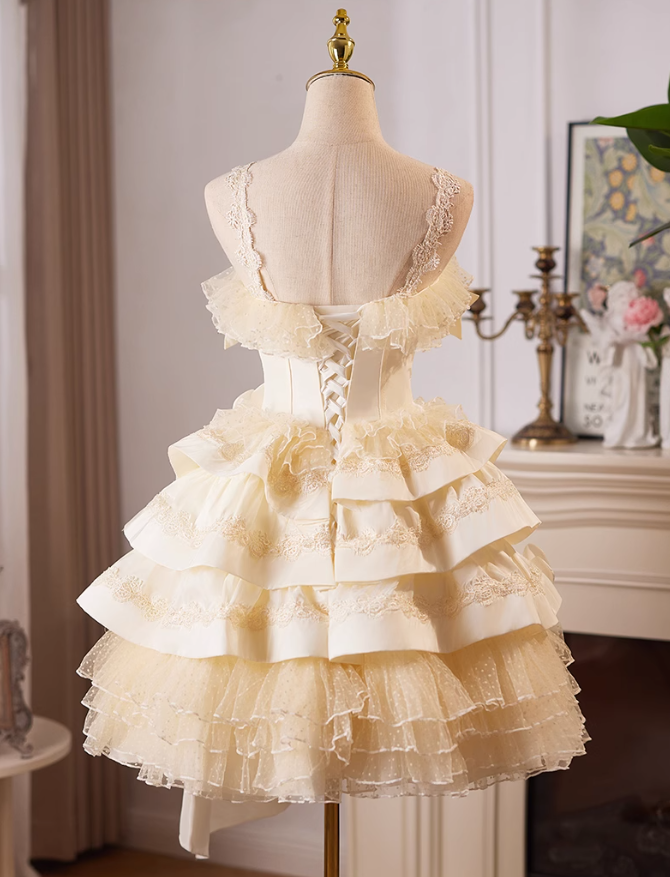 Champagner A-Linie Satin Tüll Spitze kurzes Ballkleid, Champagner Geburtstagskleid ED01107