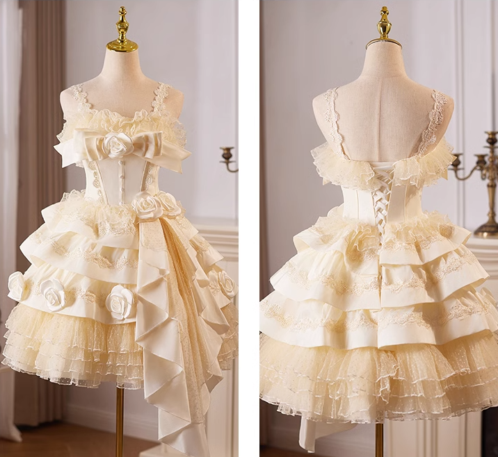 Champagner A-Linie Satin Tüll Spitze kurzes Ballkleid, Champagner Geburtstagskleid ED01107